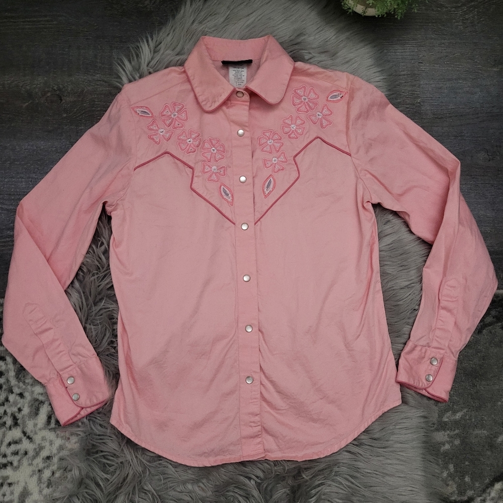 90's ROUGHRIDER by CIRCLE T, Pearl Snap Western Women's Pink Shirt size Small